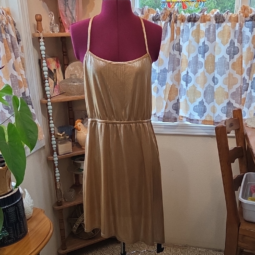 Gold Asymmetrical Spaghetti Strap Sundress for Cocktail By Sadie Robertson.  B